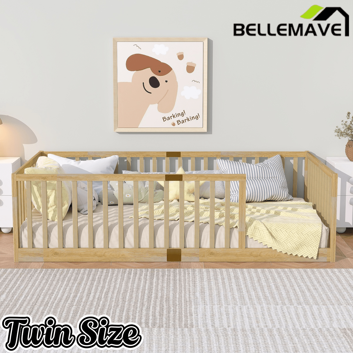 Bellemave® Twin Size Floor Bed with High Fence Railings,Kids Montessori Floor Bed with Safety Guardrails, Rubber Wood Floor Bed,Grey - Bellemave