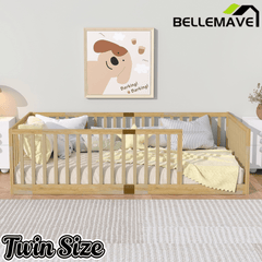 Bellemave® Twin Size Floor Bed with High Fence Railings,Kids Montessori Floor Bed with Safety Guardrails, Rubber Wood Floor Bed,Grey - Bellemave