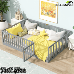 Bellemave® Twin Size Floor Bed with High Fence Railings,Kids Montessori Floor Bed with Safety Guardrails, Rubber Wood Floor Bed,Grey - Bellemave