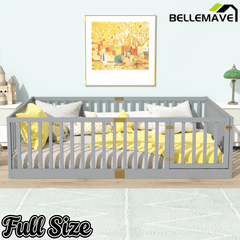 Bellemave® Twin Size Floor Bed with High Fence Railings,Kids Montessori Floor Bed with Safety Guardrails, Rubber Wood Floor Bed,Grey - Bellemave