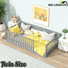 Bellemave® Twin Size Floor Bed with High Fence Railings,Kids Montessori Floor Bed with Safety Guardrails, Rubber Wood Floor Bed,Grey - Bellemave