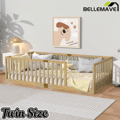 Bellemave® Twin Size Floor Bed with High Fence Railings,Kids Montessori Floor Bed with Safety Guardrails, Rubber Wood Floor Bed,Grey - Bellemave
