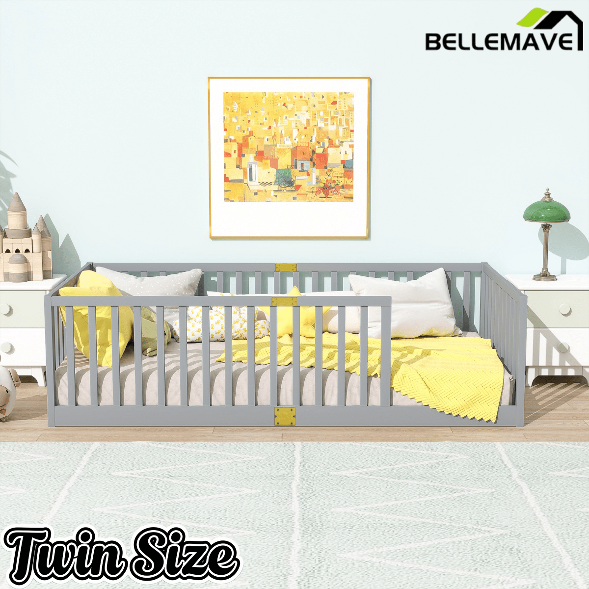 Bellemave® Twin Size Floor Bed with High Fence Railings,Kids Montessori Floor Bed with Safety Guardrails, Rubber Wood Floor Bed,Grey - Bellemave