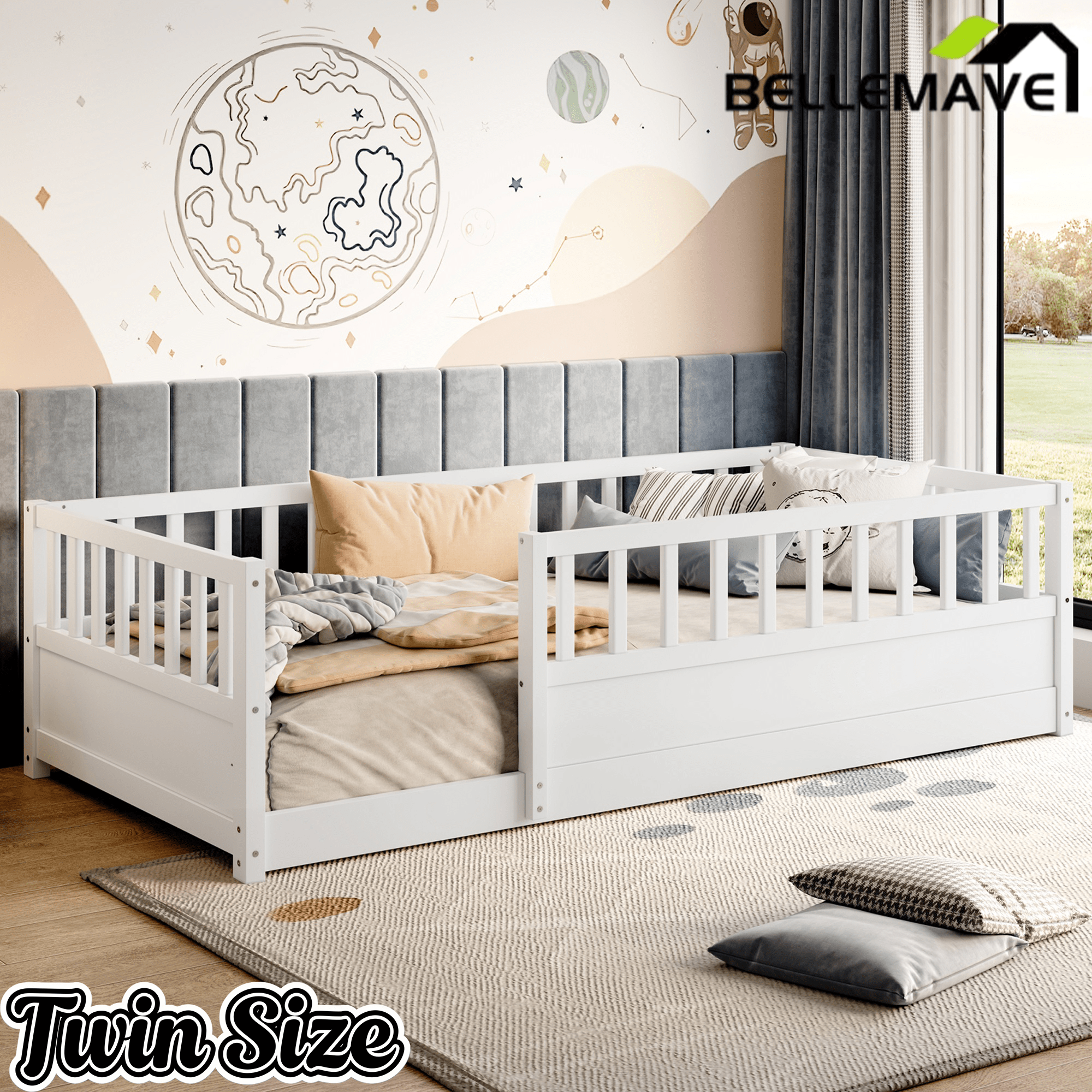 Bellemave® Twin Size Floor Bed with High Fence, Wood Montessori Bed with Slats & Guardrails, White - Bellemave