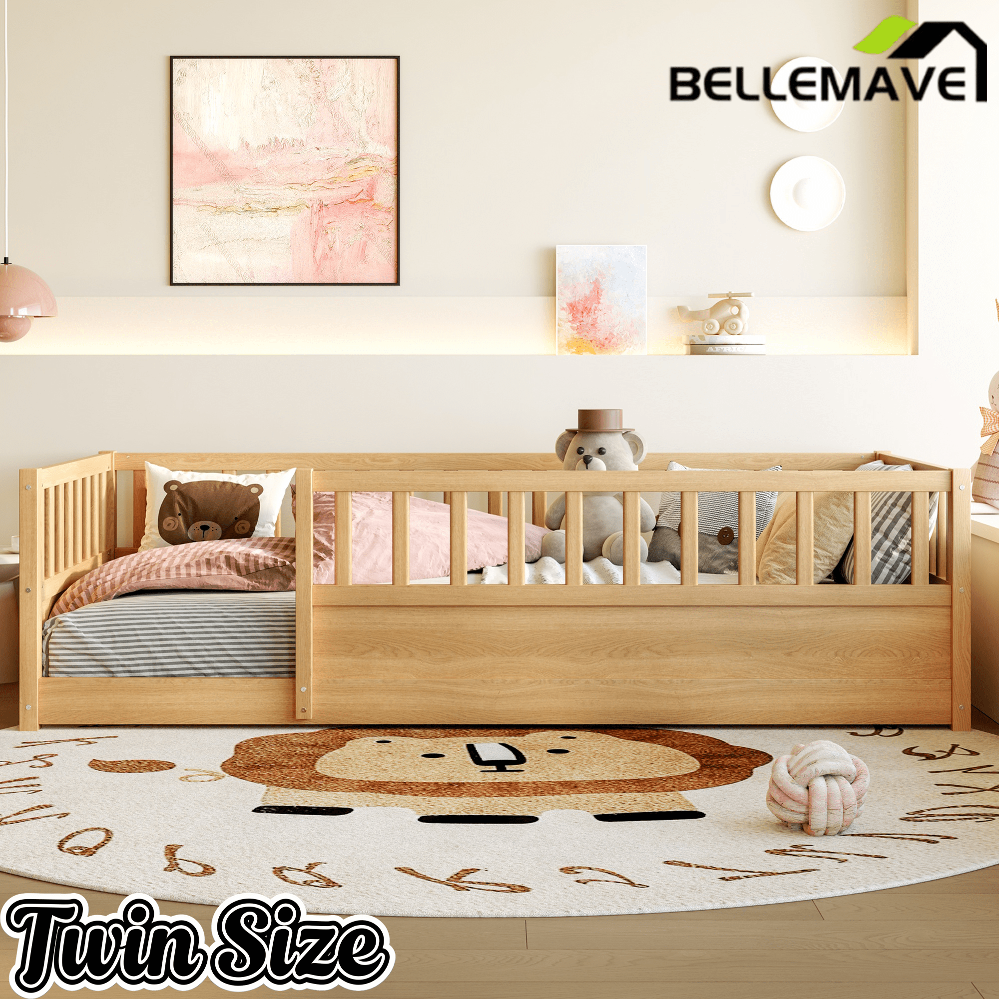 Bellemave® Twin Size Floor Bed with High Fence, Wood Montessori Bed with Slats & Guardrails, White - Bellemave