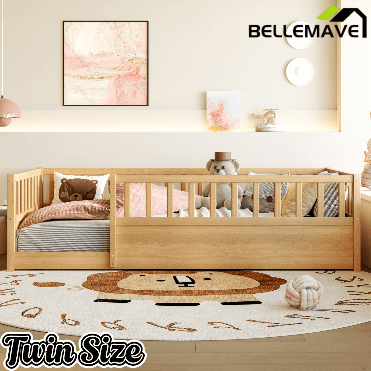 Bellemave® Twin Size Floor Bed with High Fence, Wood Montessori Bed with Slats & Guardrails, White - Bellemave