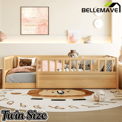 Bellemave® Twin Size Floor Bed with High Fence, Wood Montessori Bed with Slats & Guardrails, White - Bellemave