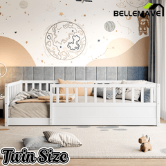 Bellemave® Twin Size Floor Bed with High Fence, Wood Montessori Bed with Slats & Guardrails, White - Bellemave