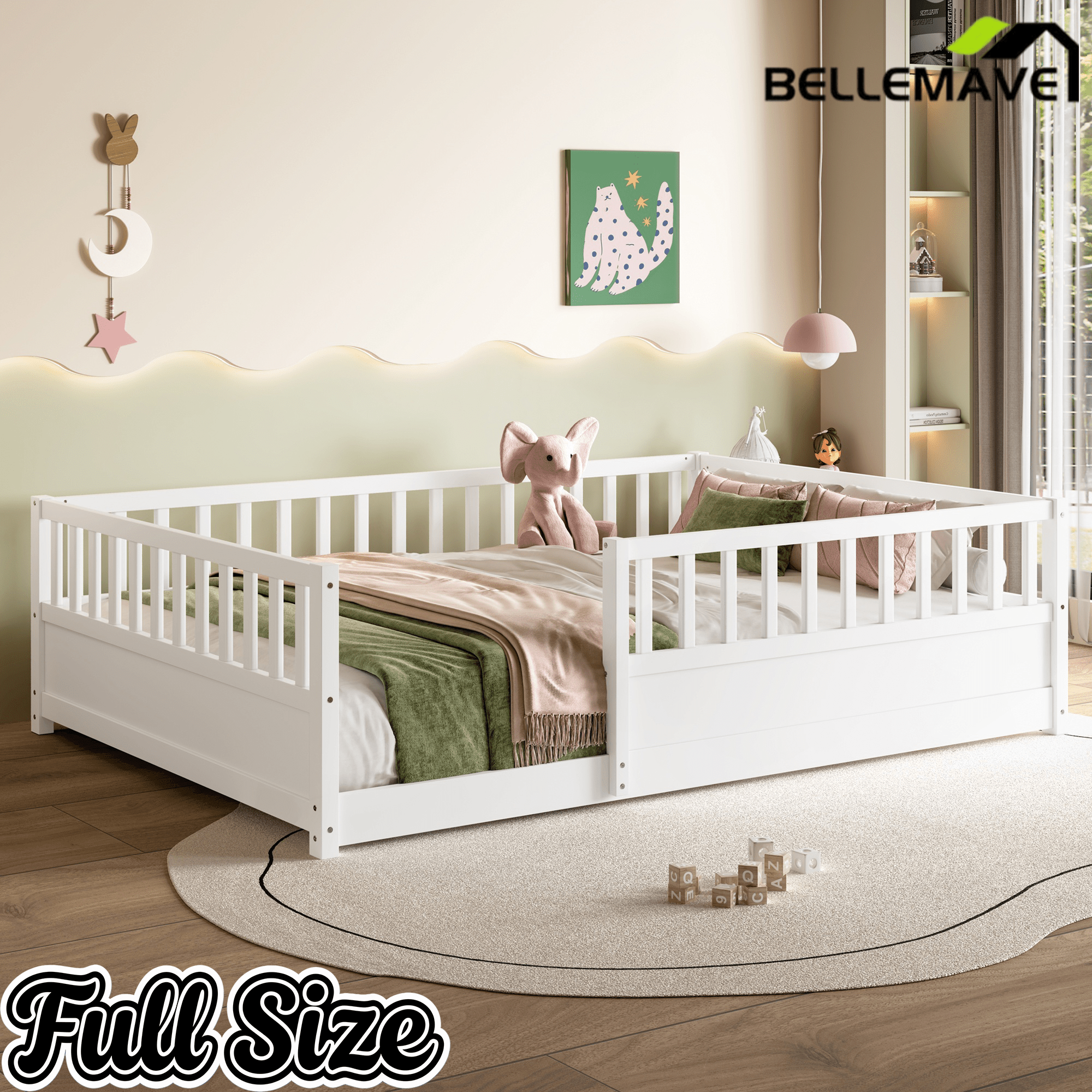 Bellemave® Twin Size Floor Bed with High Fence, Wood Montessori Bed with Slats & Guardrails, White - Bellemave