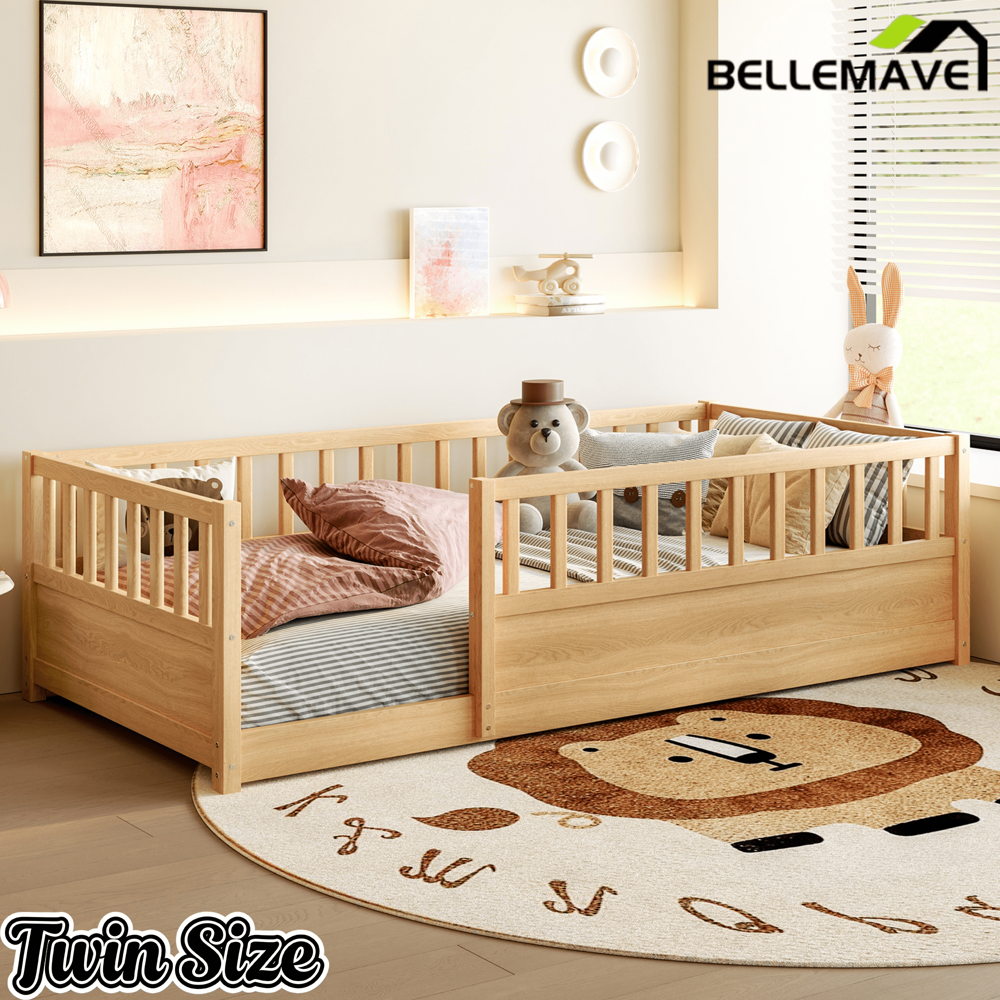 Bellemave® Twin Size Floor Bed with High Fence, Wood Montessori Bed with Slats & Guardrails, White - Bellemave