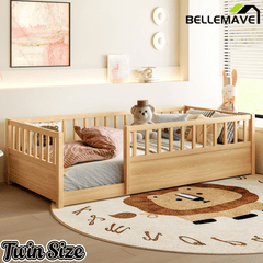 Bellemave® Twin Size Floor Bed with High Fence, Wood Montessori Bed with Slats & Guardrails, White - Bellemave