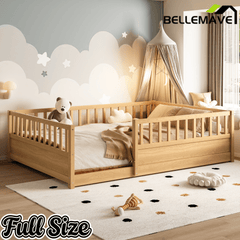 Bellemave® Twin Size Floor Bed with High Fence, Wood Montessori Bed with Slats & Guardrails, White - Bellemave