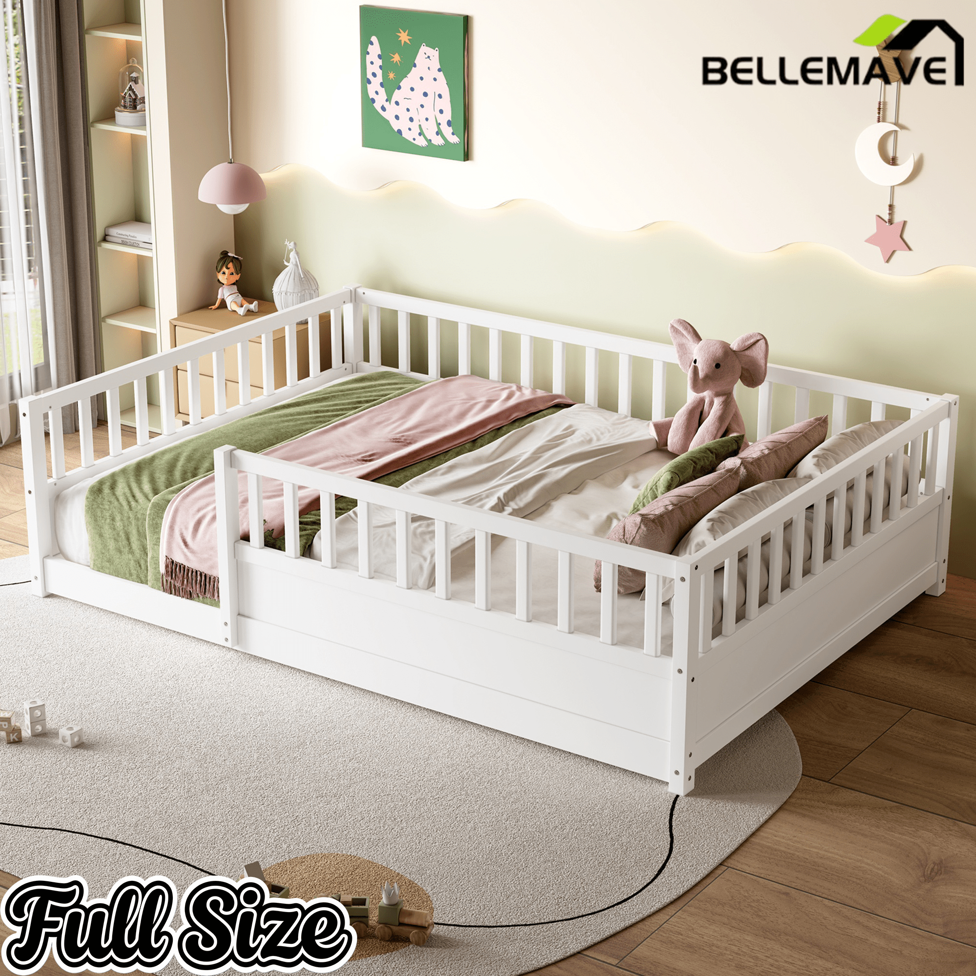 Bellemave® Twin Size Floor Bed with High Fence, Wood Montessori Bed with Slats & Guardrails, White - Bellemave