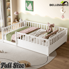 Bellemave® Twin Size Floor Bed with High Fence, Wood Montessori Bed with Slats & Guardrails, White - Bellemave