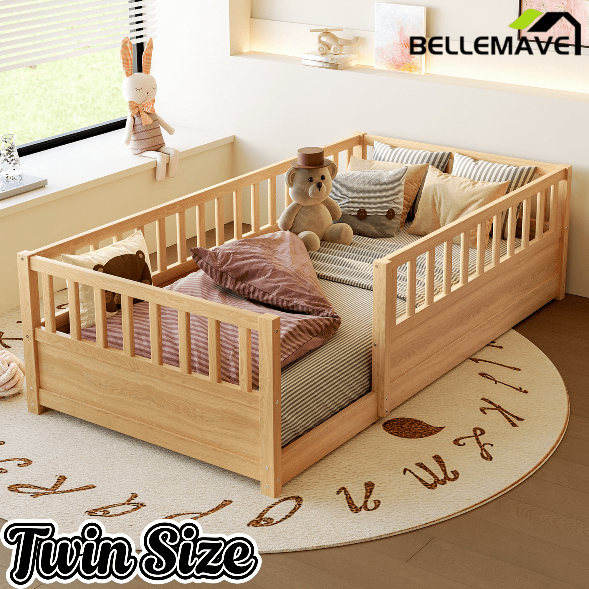 Bellemave® Twin Size Floor Bed with High Fence, Wood Montessori Bed with Slats & Guardrails, White - Bellemave