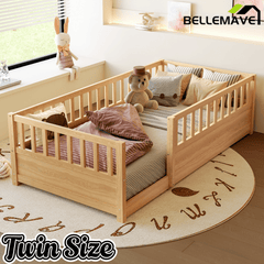 Bellemave® Twin Size Floor Bed with High Fence, Wood Montessori Bed with Slats & Guardrails, White - Bellemave