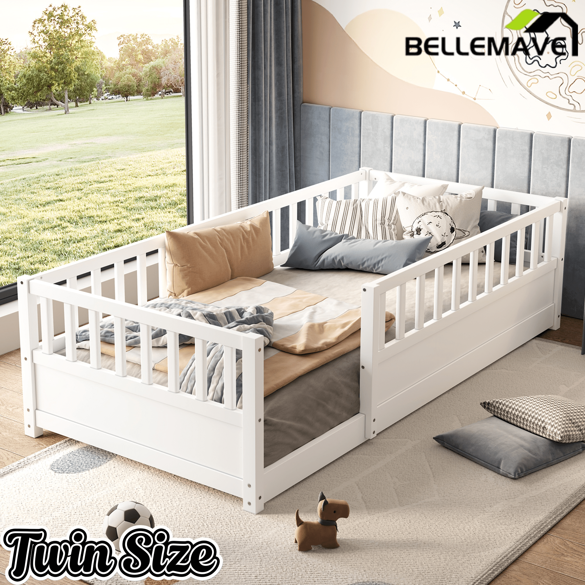 Bellemave® Twin Size Floor Bed with High Fence, Wood Montessori Bed with Slats & Guardrails, White - Bellemave