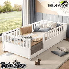 Bellemave® Twin Size Floor Bed with High Fence, Wood Montessori Bed with Slats & Guardrails, White - Bellemave