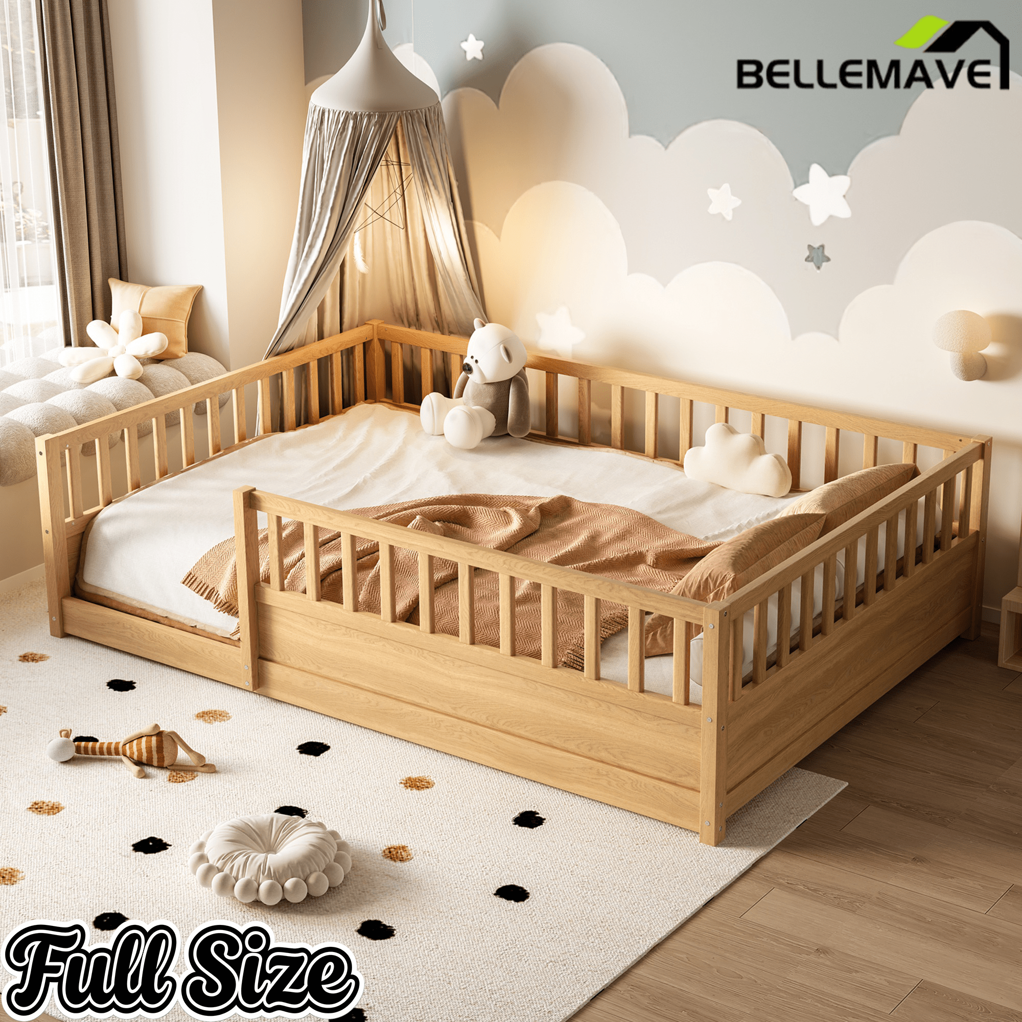 Bellemave® Twin Size Floor Bed with High Fence, Wood Montessori Bed with Slats & Guardrails, White - Bellemave