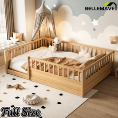 Bellemave® Twin Size Floor Bed with High Fence, Wood Montessori Bed with Slats & Guardrails, White - Bellemave