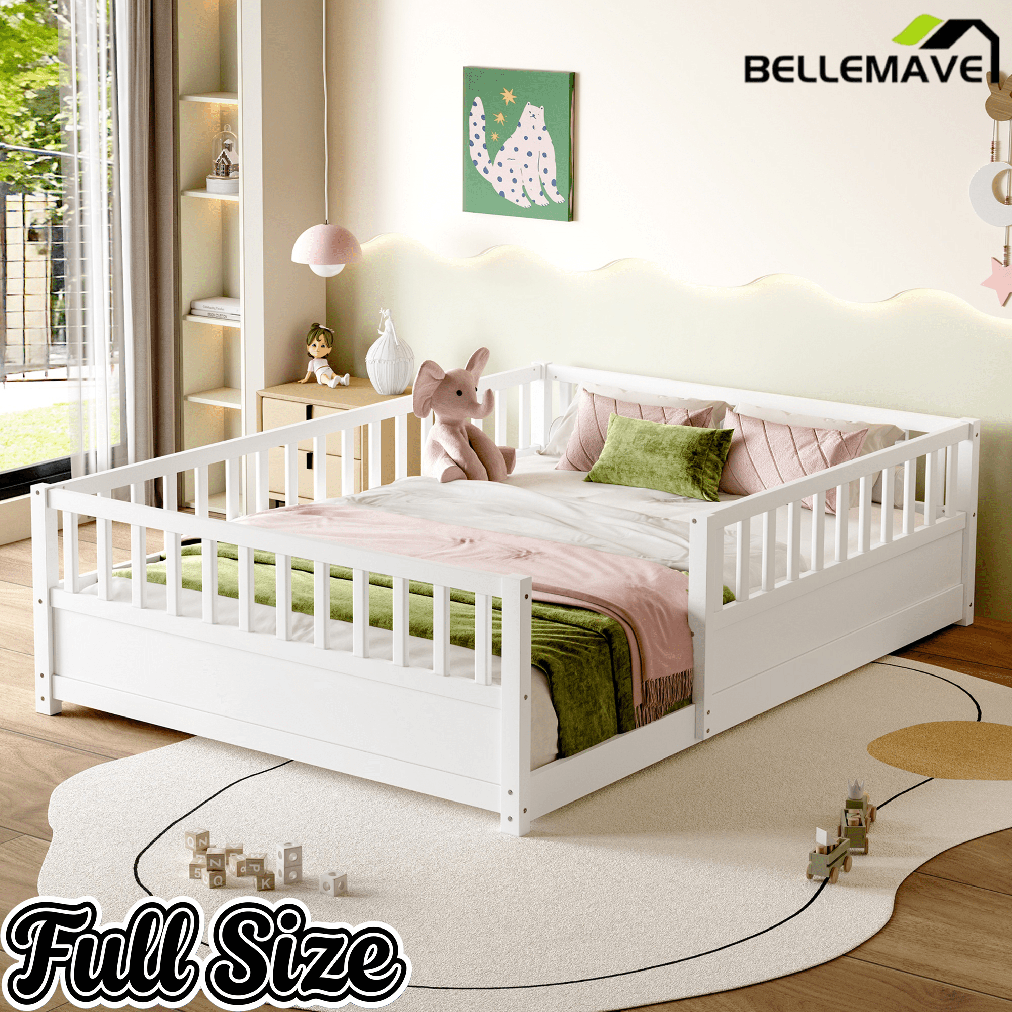 Bellemave® Twin Size Floor Bed with High Fence, Wood Montessori Bed with Slats & Guardrails, White - Bellemave