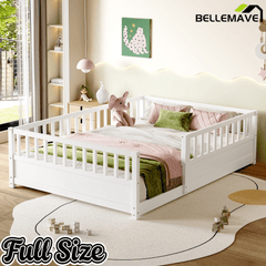 Bellemave® Twin Size Floor Bed with High Fence, Wood Montessori Bed with Slats & Guardrails, White - Bellemave