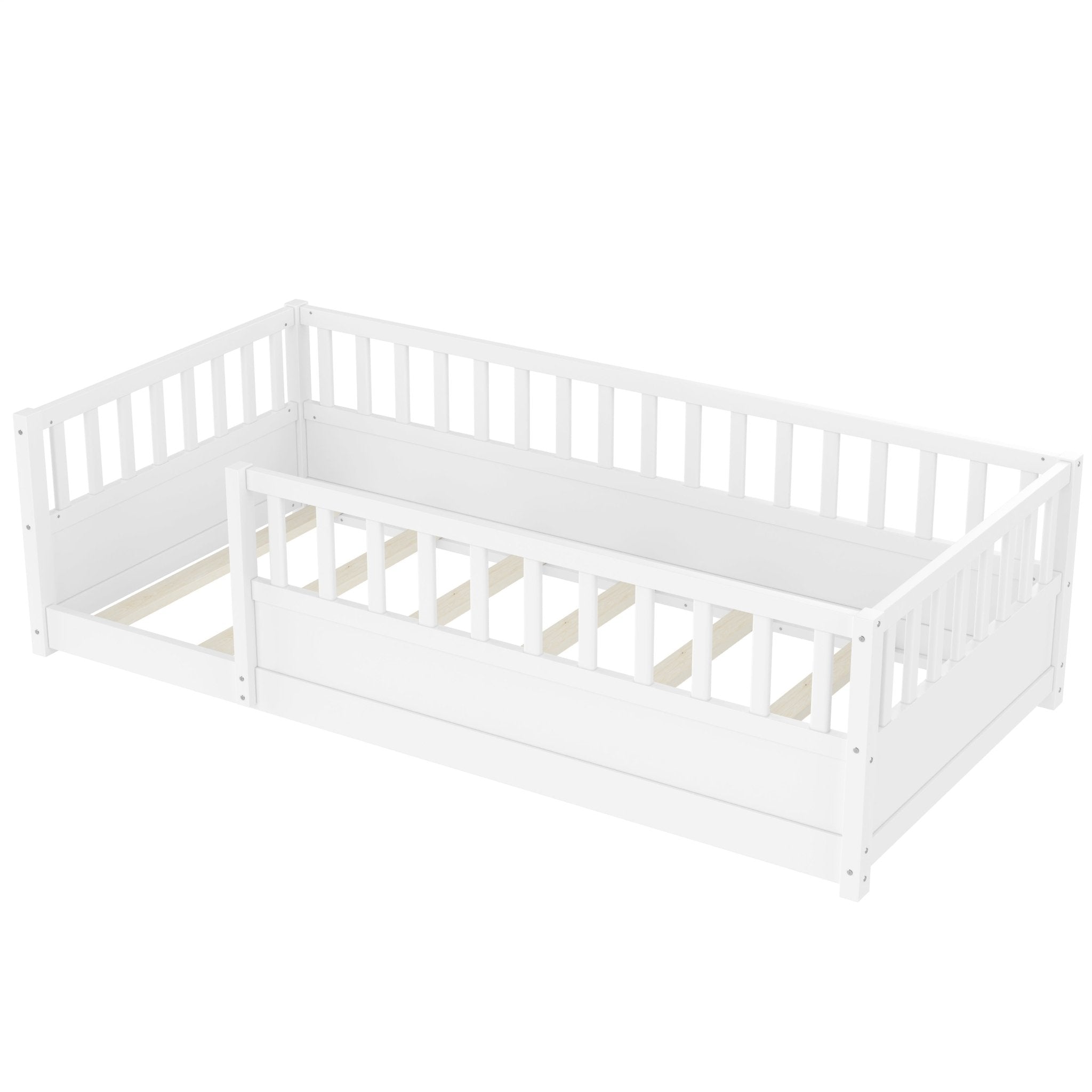 Bellemave® Twin Size Floor Bed with High Fence, Wood Montessori Bed with Slats & Guardrails, White - Bellemave