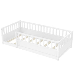 Bellemave® Twin Size Floor Bed with High Fence, Wood Montessori Bed with Slats & Guardrails, White - Bellemave