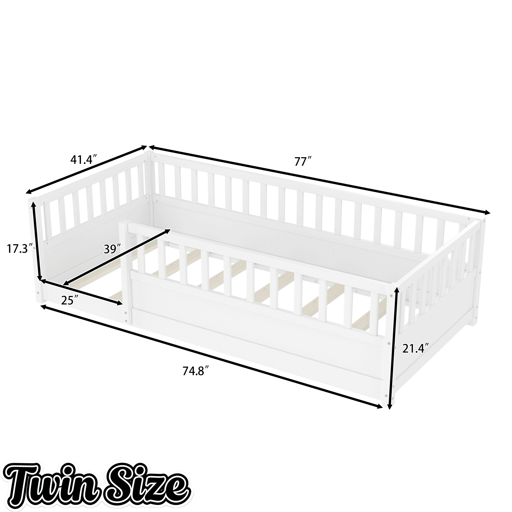 Bellemave® Twin Size Floor Bed with High Fence, Wood Montessori Bed with Slats & Guardrails, White - Bellemave