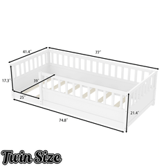 Bellemave® Twin Size Floor Bed with High Fence, Wood Montessori Bed with Slats & Guardrails, White - Bellemave