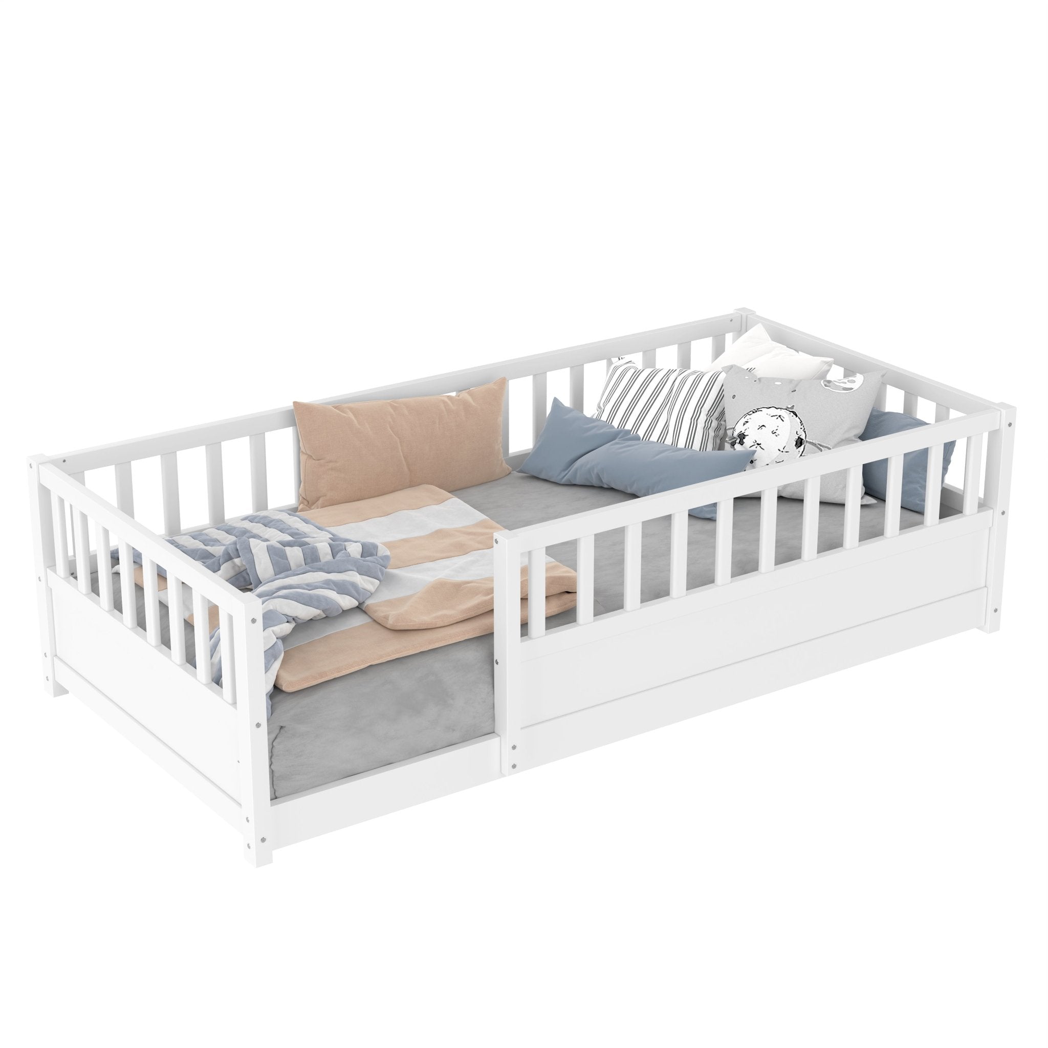 Bellemave® Twin Size Floor Bed with High Fence, Wood Montessori Bed with Slats & Guardrails, White - Bellemave