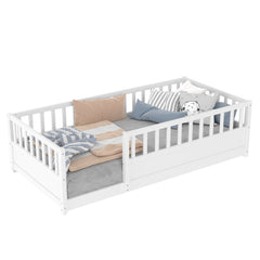 Bellemave® Twin Size Floor Bed with High Fence, Wood Montessori Bed with Slats & Guardrails, White - Bellemave