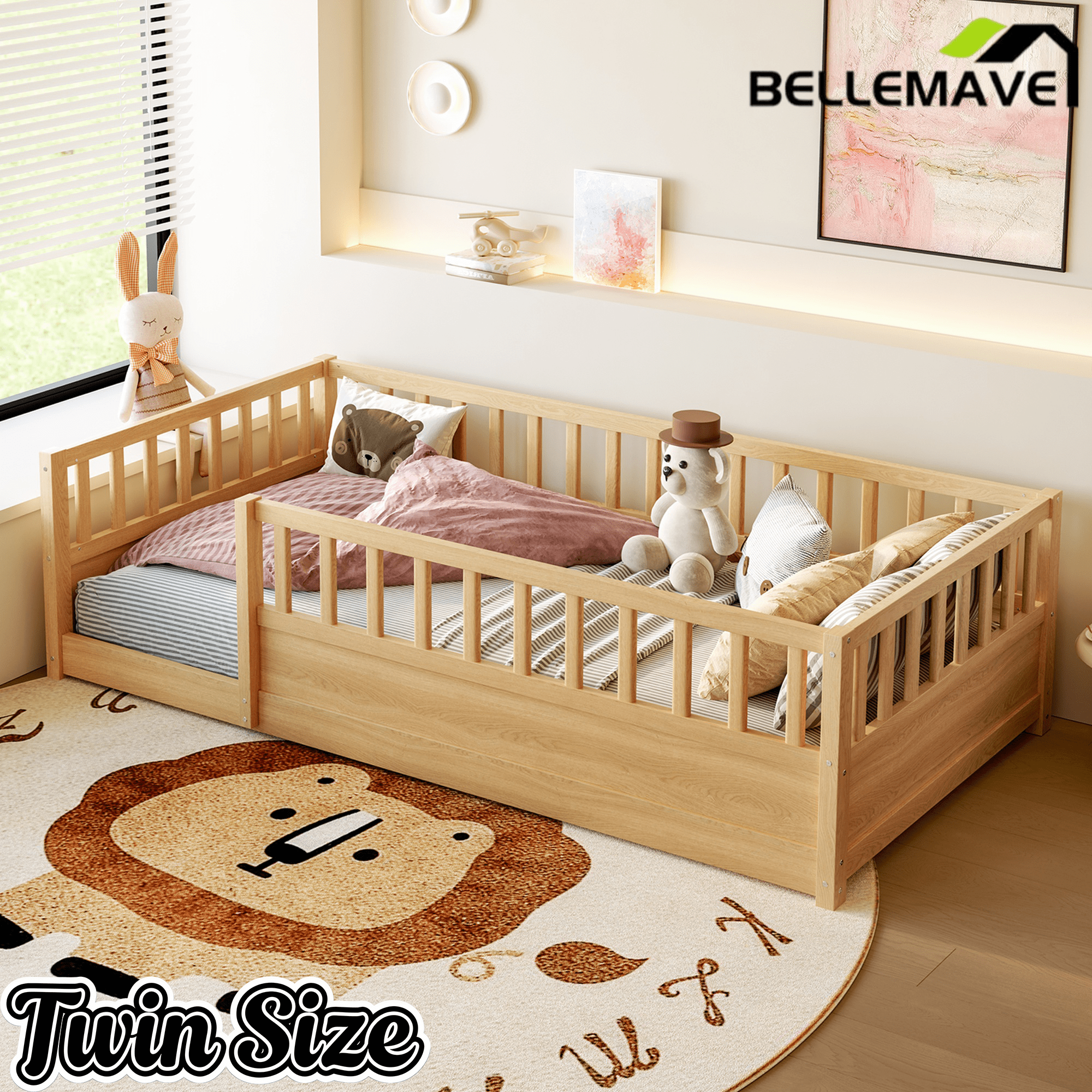 Bellemave® Twin Size Floor Bed with High Fence, Wood Montessori Bed with Slats & Guardrails, White - Bellemave