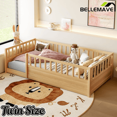 Bellemave® Twin Size Floor Bed with High Fence, Wood Montessori Bed with Slats & Guardrails, White - Bellemave