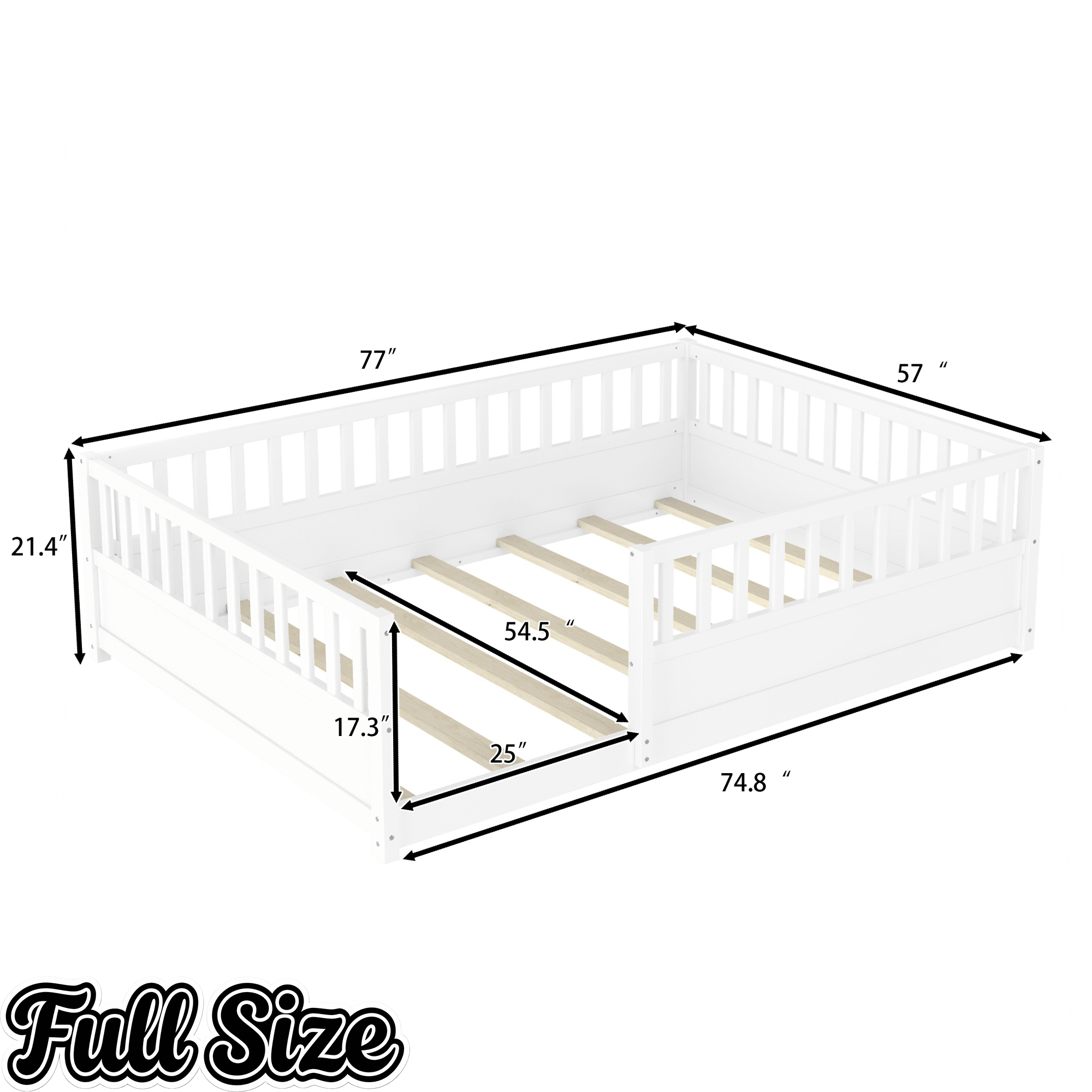 Bellemave® Twin Size Floor Bed with High Fence, Wood Montessori Bed with Slats & Guardrails, White - Bellemave