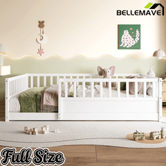 Bellemave® Twin Size Floor Bed with High Fence, Wood Montessori Bed with Slats & Guardrails, White - Bellemave