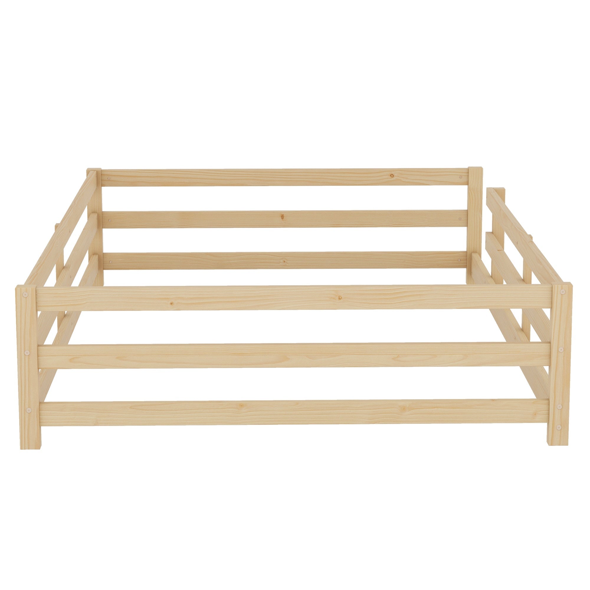 Bellemave® Twin Size Floor Bed with Rails, Wood Montessori Floor Beds with Fence and Openings, Natural - Bellemave