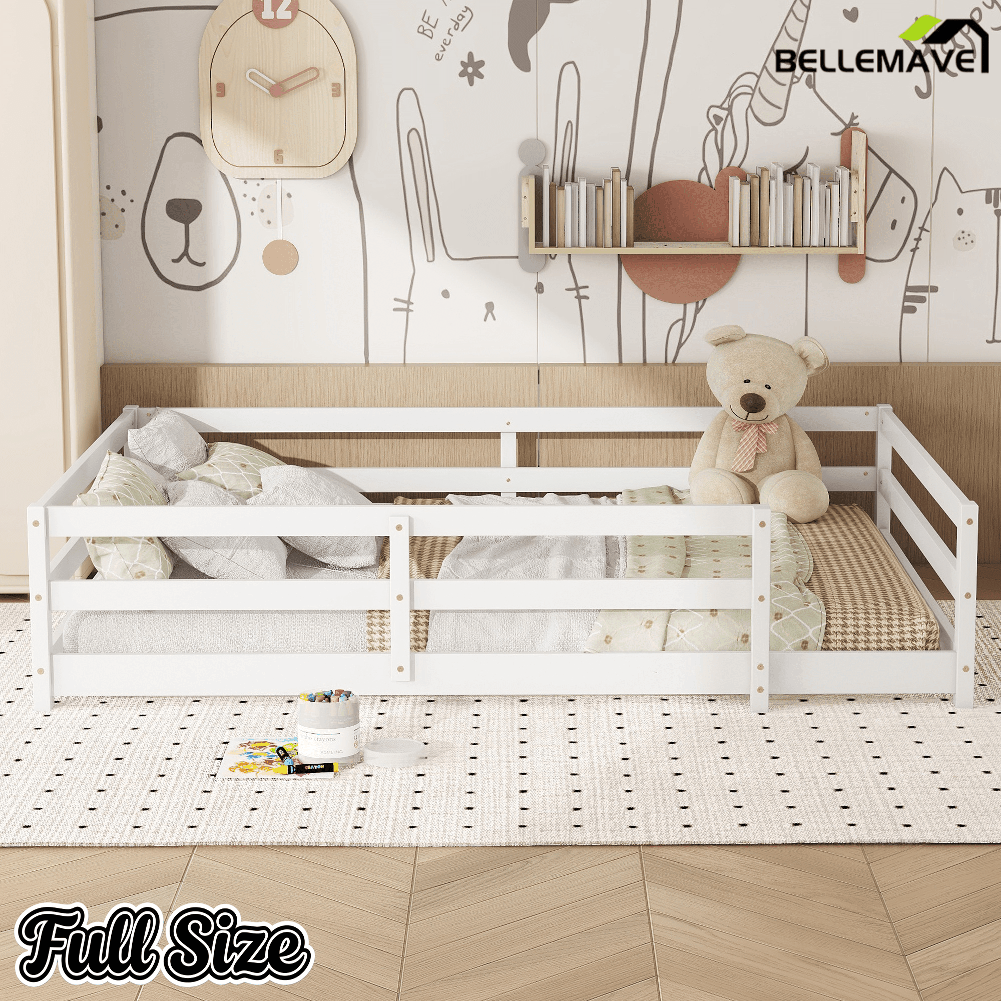 Bellemave® Twin Size Floor Bed with Rails, Wood Montessori Floor Beds with Fence and Openings, Natural - Bellemave