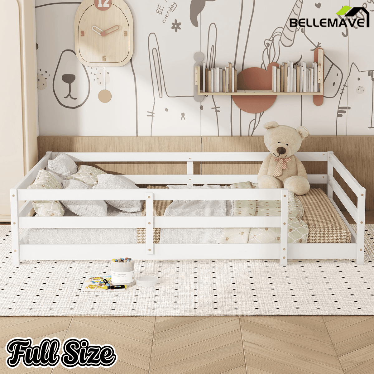 Bellemave® Twin Size Floor Bed with Rails, Wood Montessori Floor Beds with Fence and Openings, Natural - Bellemave