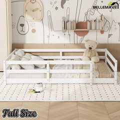 Bellemave® Twin Size Floor Bed with Rails, Wood Montessori Floor Beds with Fence and Openings, Natural - Bellemave