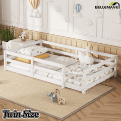 Bellemave® Twin Size Floor Bed with Rails, Wood Montessori Floor Beds with Fence and Openings, Natural - Bellemave