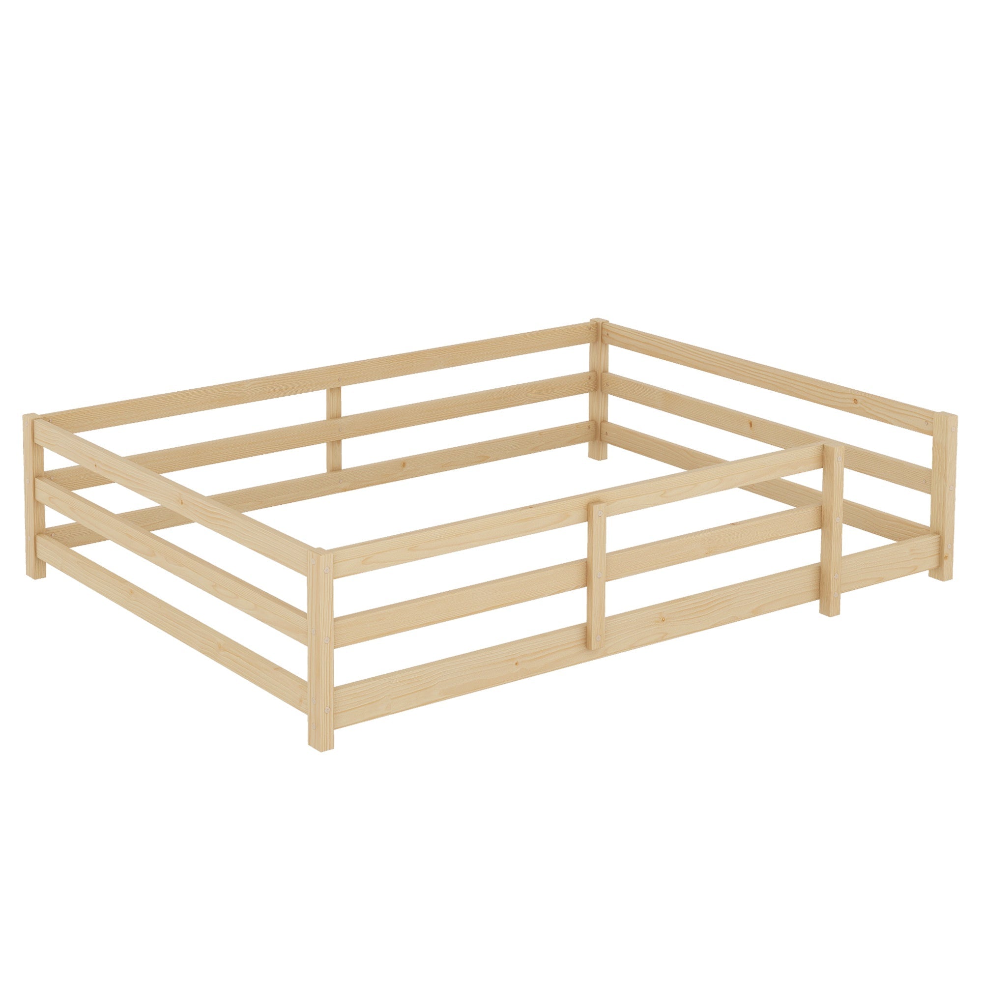 Bellemave® Twin Size Floor Bed with Rails, Wood Montessori Floor Beds with Fence and Openings, Natural - Bellemave