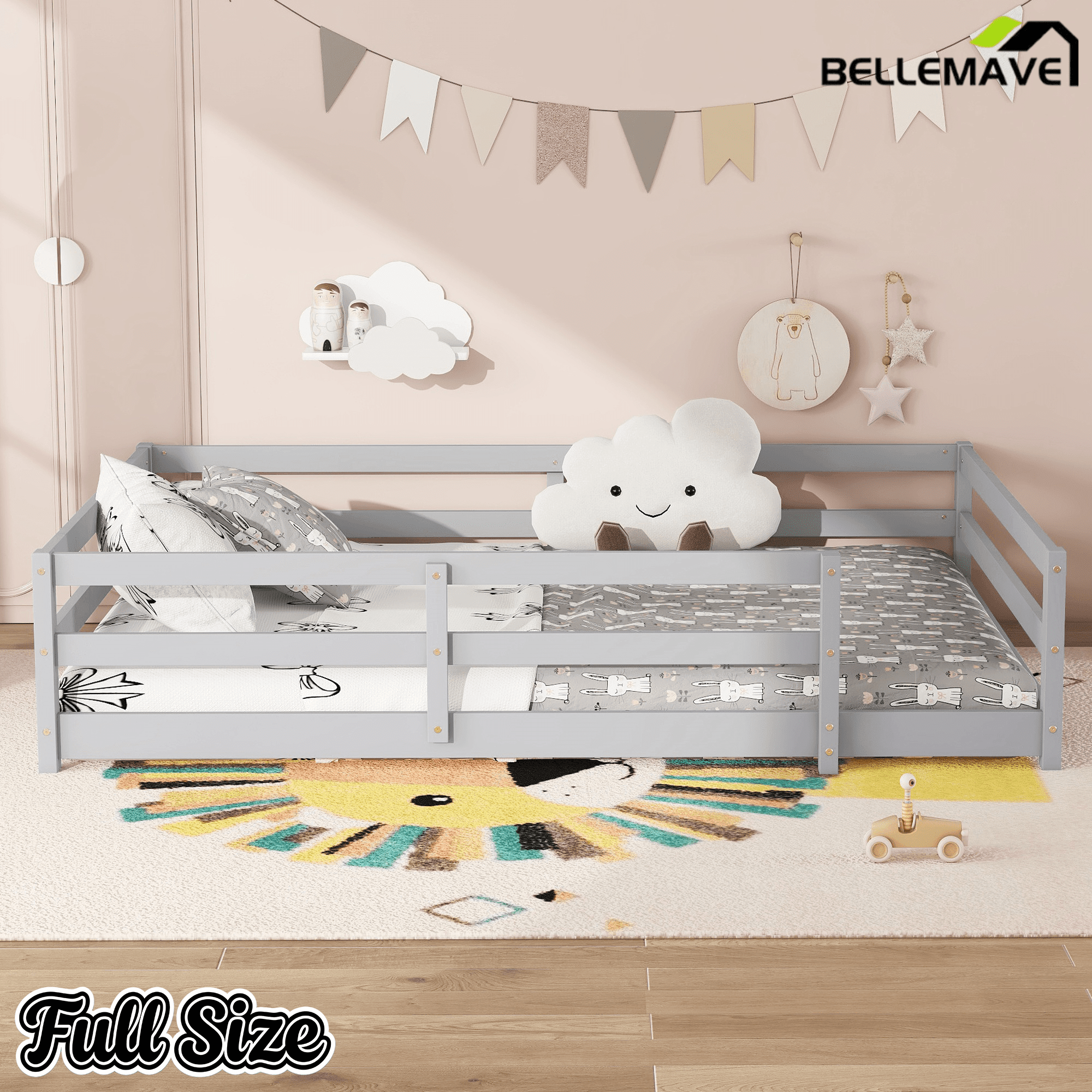 Bellemave® Twin Size Floor Bed with Rails, Wood Montessori Floor Beds with Fence and Openings, Natural - Bellemave