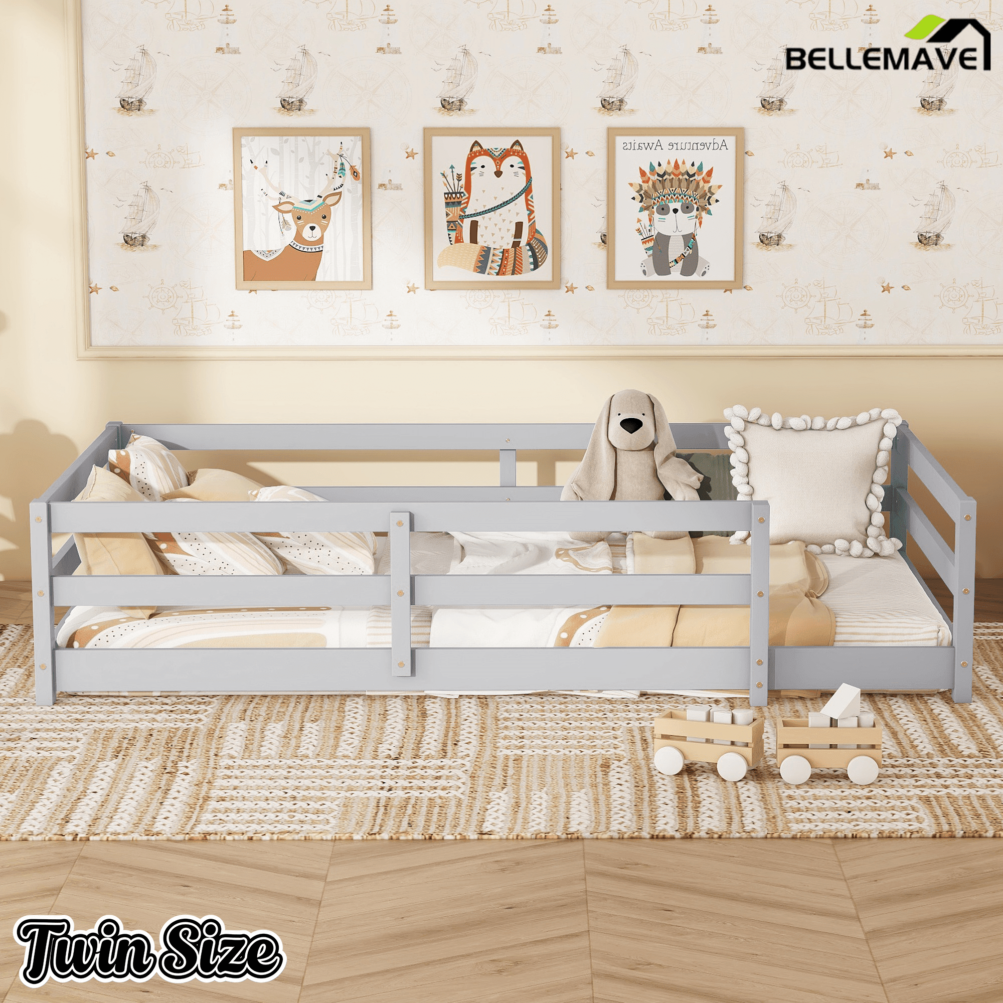 Bellemave® Twin Size Floor Bed with Rails, Wood Montessori Floor Beds with Fence and Openings, Natural - Bellemave