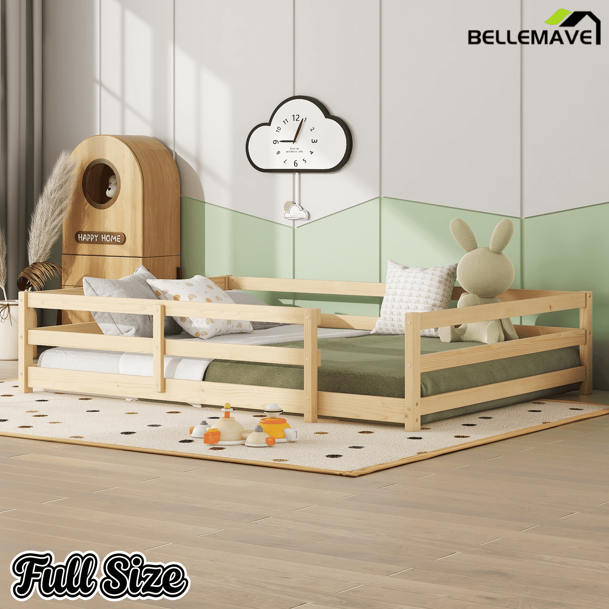 Bellemave® Twin Size Floor Bed with Rails, Wood Montessori Floor Beds with Fence and Openings, Natural - Bellemave