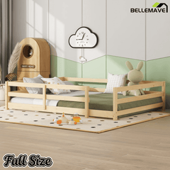 Bellemave® Twin Size Floor Bed with Rails, Wood Montessori Floor Beds with Fence and Openings, Natural - Bellemave