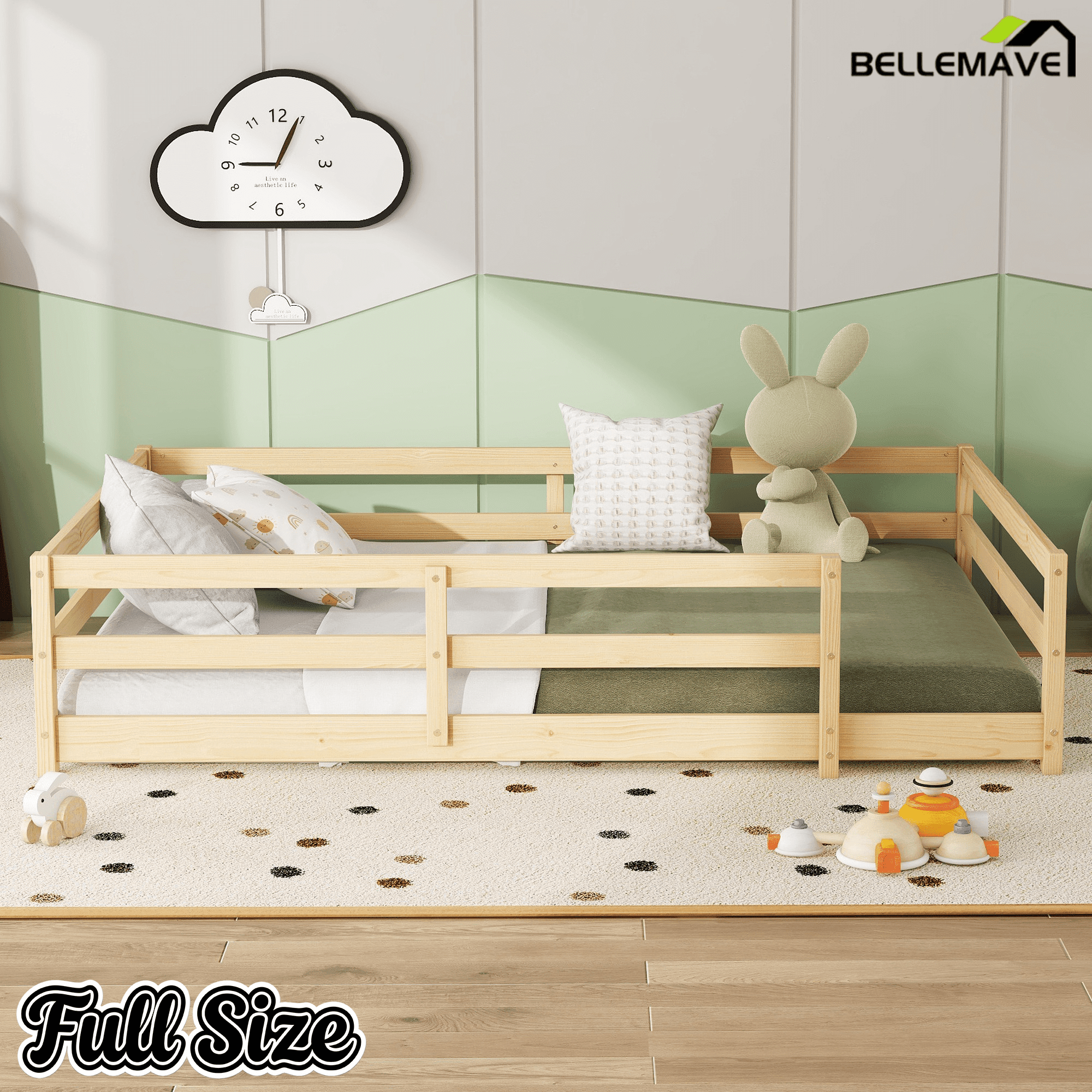 Bellemave® Twin Size Floor Bed with Rails, Wood Montessori Floor Beds with Fence and Openings, Natural - Bellemave