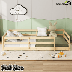 Bellemave® Twin Size Floor Bed with Rails, Wood Montessori Floor Beds with Fence and Openings, Natural - Bellemave