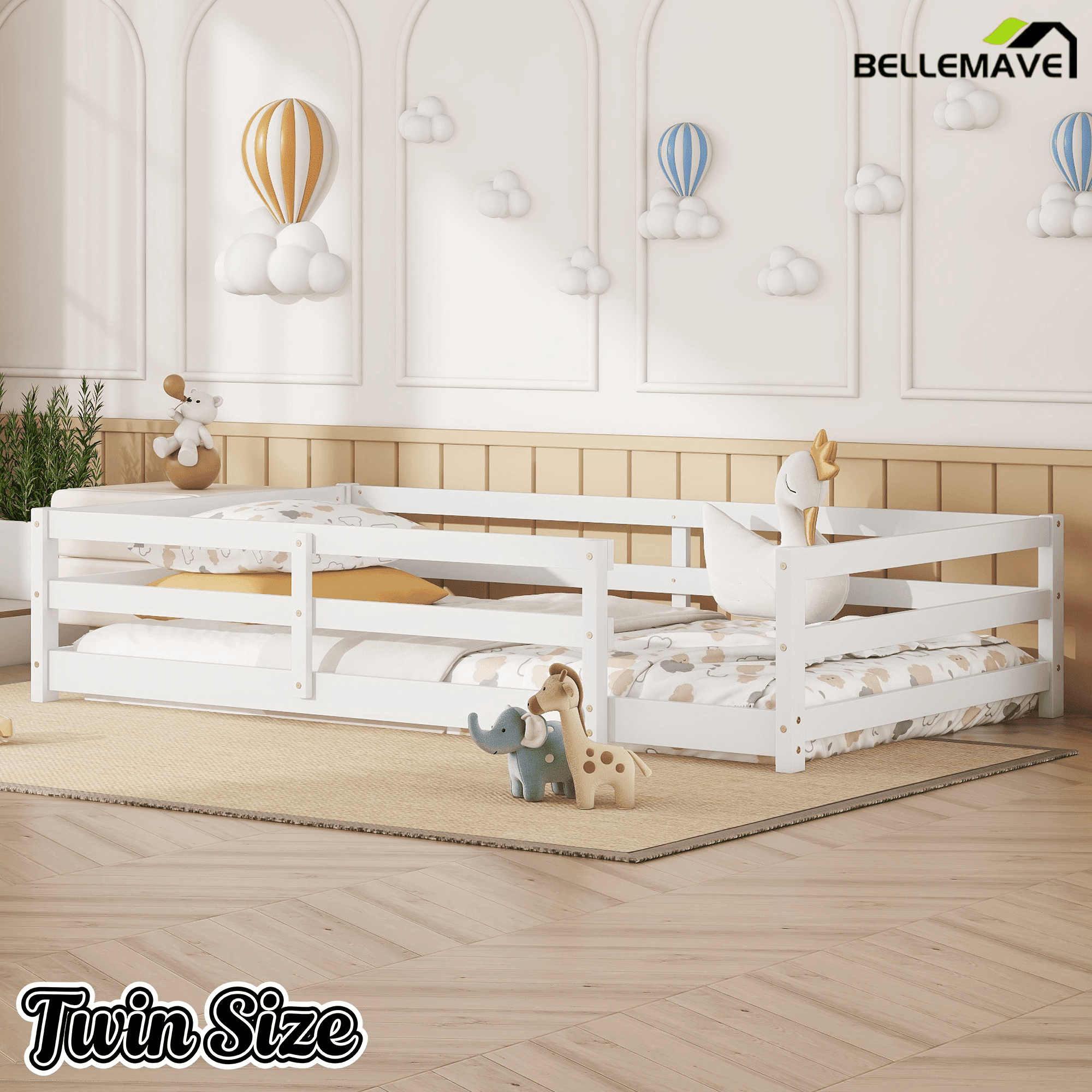 Bellemave® Twin Size Floor Bed with Rails, Wood Montessori Floor Beds with Fence and Openings, Natural - Bellemave