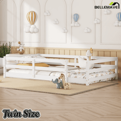Bellemave® Twin Size Floor Bed with Rails, Wood Montessori Floor Beds with Fence and Openings, Natural - Bellemave